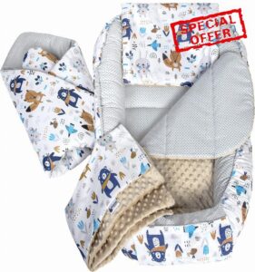 Medi Partners Baby Nest Pod for Newborn Babynest Bed 5pcs Set - 100x60x15 Lounger Essentials 0-12 Months sleeping bilateral Cocoon 100% Cotton (Boho with beige Plush)