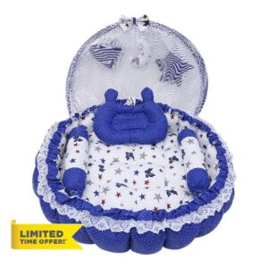 Blue & White Baby Bed | Baby Nest Bedding Set | 100% Cotton | Reversible | Includes 2 Bolsters & Mickey Head Pillow |Newborn & Toddler Bed (0-12 Months) (Extra net included for mosquito protection)