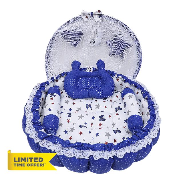 Blue & White Baby Bed | Baby Nest Bedding Set | 100% Cotton | Reversible | Includes 2 Bolsters & Mickey Head Pillow |Newborn & Toddler Bed (0-12 Months) (Extra net included for mosquito protection)