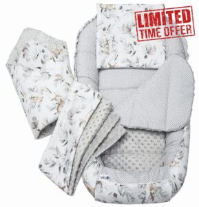 Medi Partners Baby Nest Pod for Newborn Babynest Bed 5pcs Set - 100x60x15 Lounger Essentials 0-12 Months sleeping bilateral Cocoon 100% Cotton (Deer in the leaves with grey Plush)