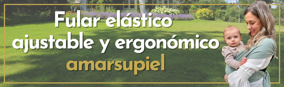 Promotional image for an adjustable baby carrier, showing outdoor setting with text overlay about elastic adjustment features.