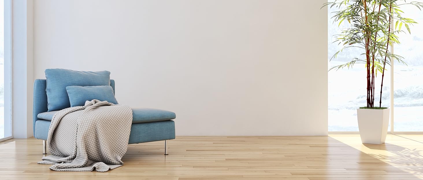 Minimalist living room interior with light blue lounge chair, gray throw blanket, wooden flooring, and decorative bamboo plant in white pot.