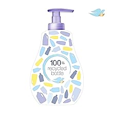 Illustration of a soap dispenser bottle made from 100% recycled materials. Pastel colored bottle shapes create a mosaic-like pattern on the container.