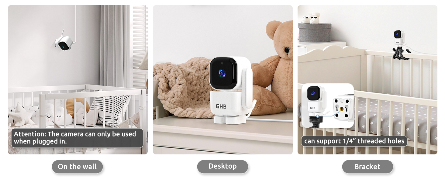 Series of product photos showing a white cylindrical smart device in different room settings, with interface screens visible.