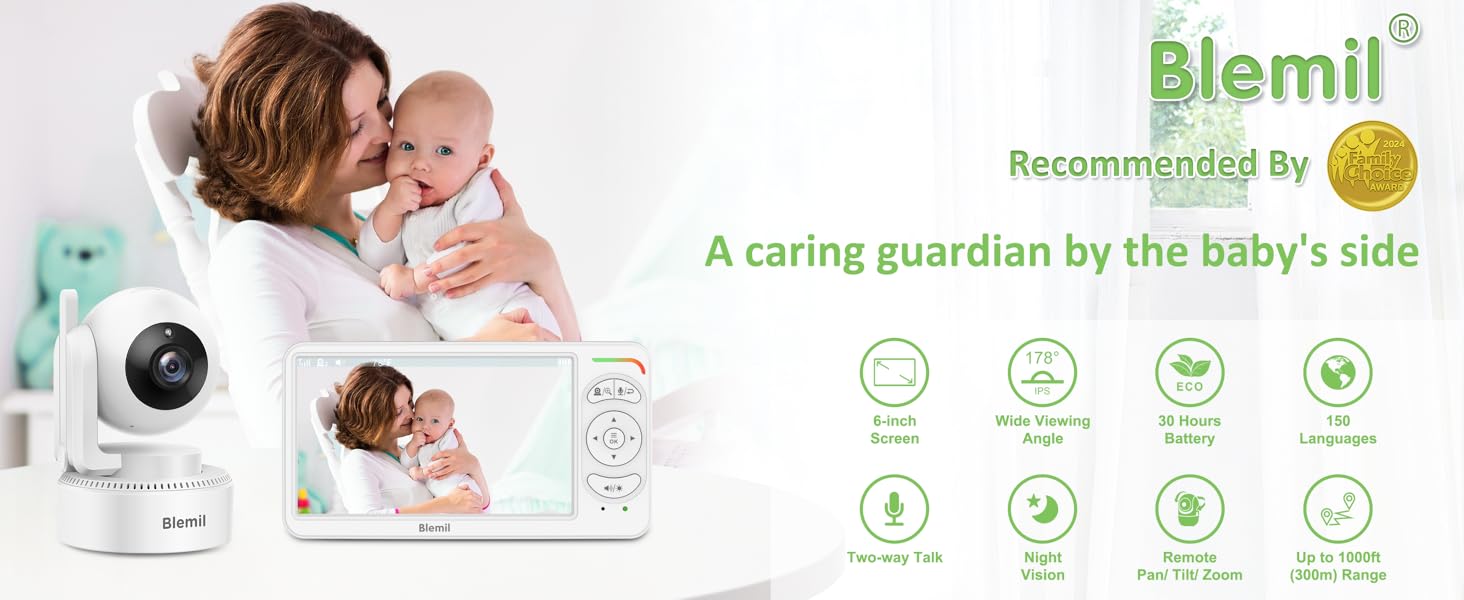 Baby monitor system with camera unit and parent display unit. Features include temperature monitoring, two-way audio, and night vision.