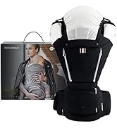 Black baby carrier with padded shoulder straps and adjustable buckles. Ribbed fabric texture. Shown with a white product box labeled 'Bebe.mour' in the foreground.