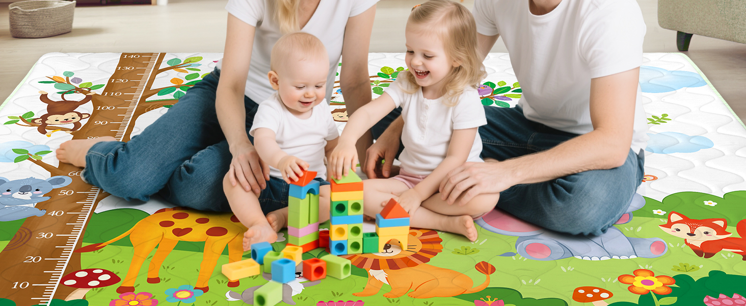 Colorful foam puzzle play mat scene showing interaction with children playing with building blocks.