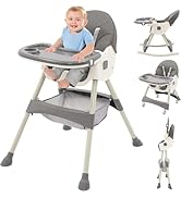 Pink convertible high chair shown in multiple configurations - standard seated position, rocking chair mode, and compact folded position. Features adjustable tray and safety harness.