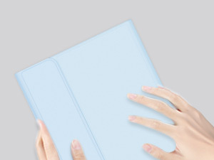 Hands interacting with a light blue paper or document against a white background.