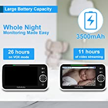 Baby monitor system with parent unit displaying video feed. Shows a handheld device with large screen and control buttons next to a smaller camera unit.