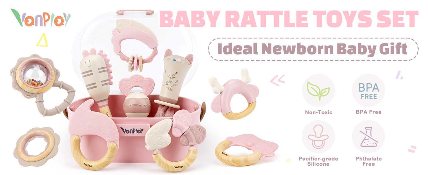Text reads 'BABY BOTTLE TOYS SET' and 'Ideal Newborn Baby Gift'. Pink and white baby bottle and teething accessories displayed on white background.