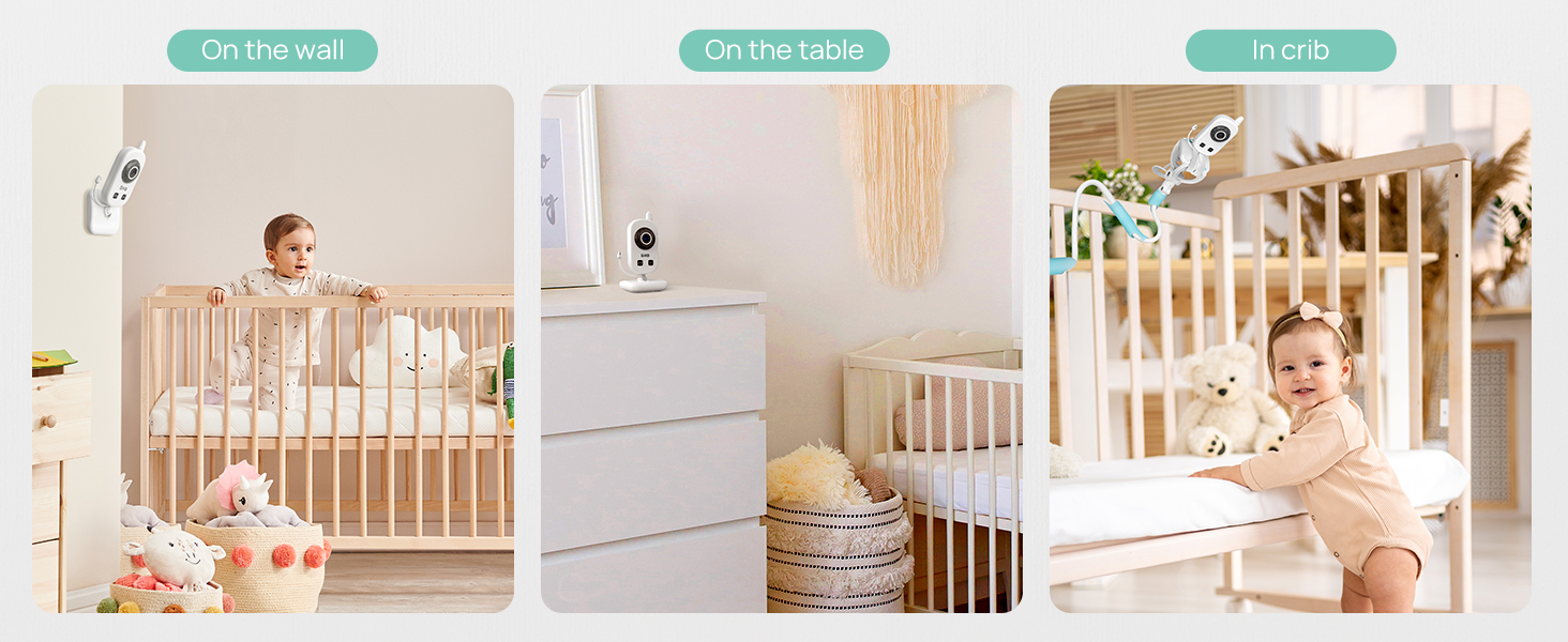 Three-panel image of baby monitoring cameras in nursery settings. Cameras shown mounted on wall, shelf, and crib, observing infants in different positions.