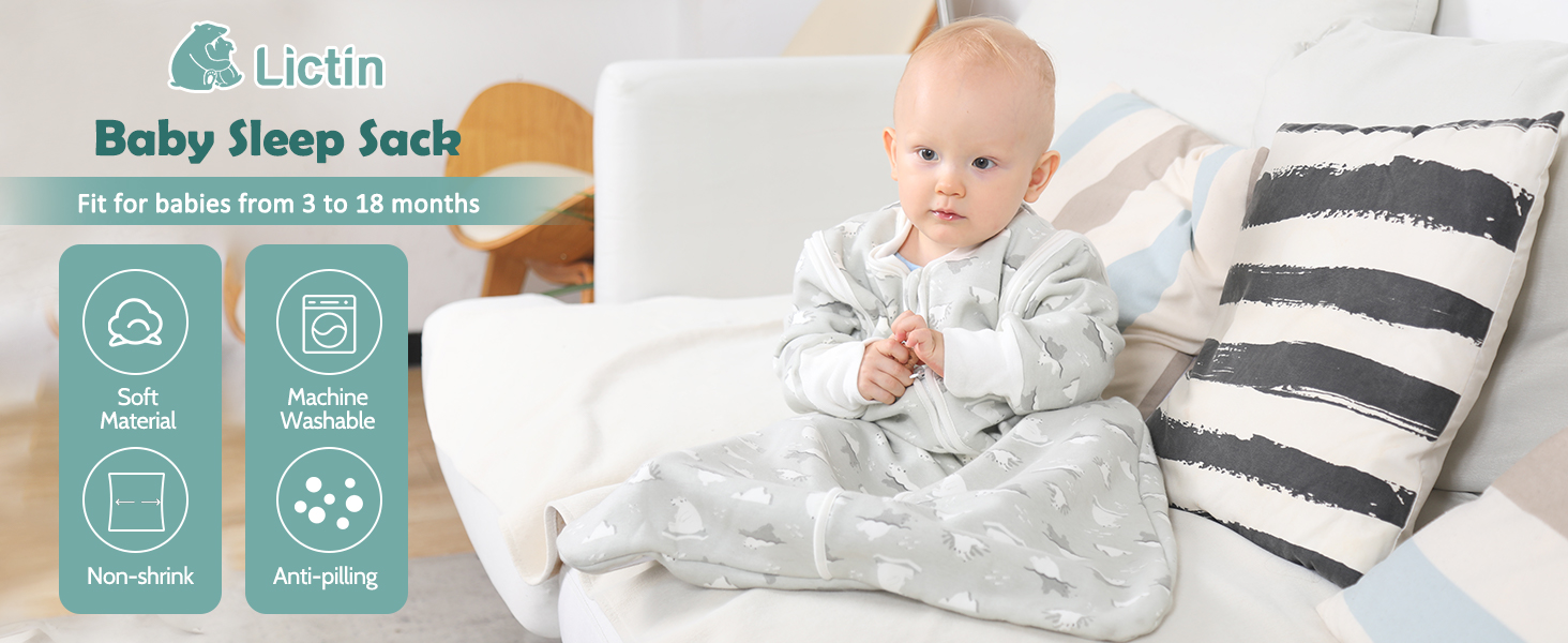 Lictin Baby Sleep Sack package with product features listed: zipper closure, machine washable, sleeveless design, and anti-allergy. Baby wearing sack on bed.