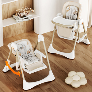 Multiple white adjustable high chairs or feeding chairs arranged in interior setting with hardwood flooring.