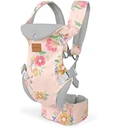 Sequence showing baby carrier with floral and botanical print pattern being demonstrated. Features adjustable straps and padded design for infant carrying.