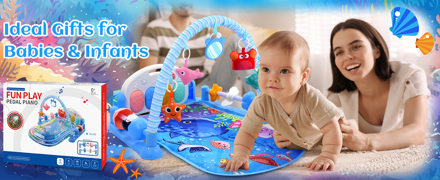 Text reads 'Musical Gift for Piano Enthusiast'. Interactive play mat with piano keys and musical elements spread out on floor, featuring colorful design and activity areas.