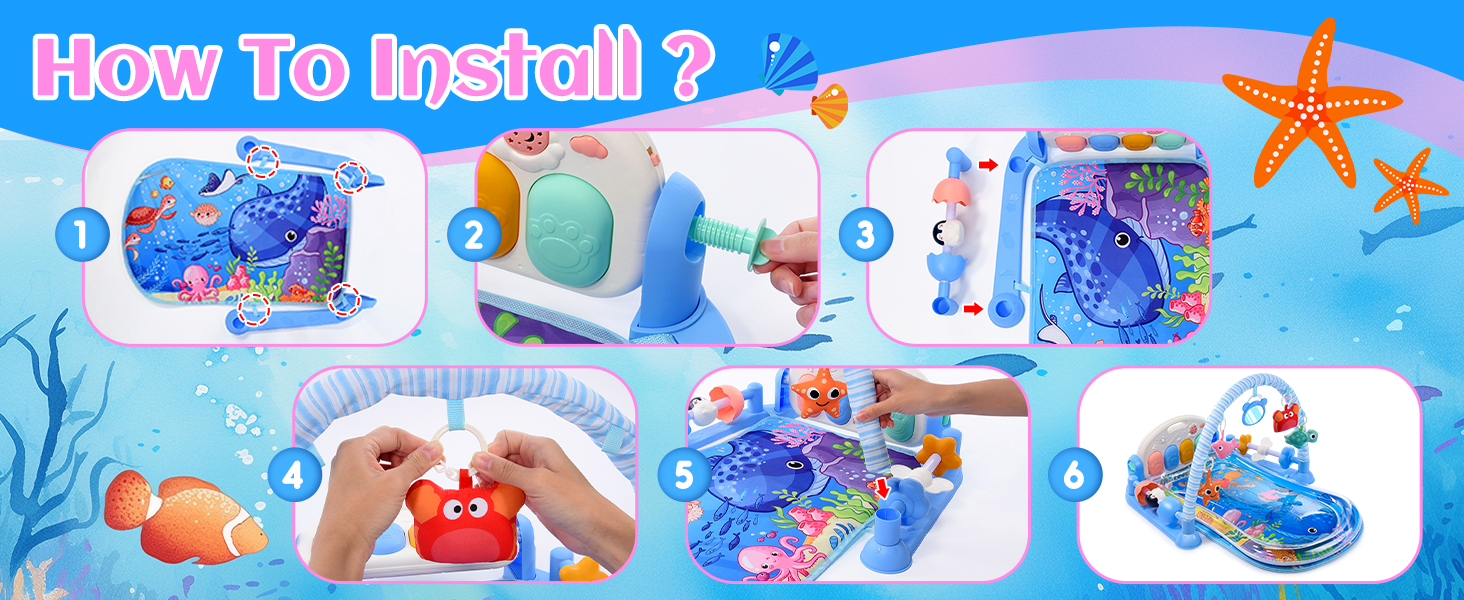 Text reads 'Multiple Ways to Play'. Series of illustrated diagrams showing different configurations and play options for a children's toy set with blue and white components.