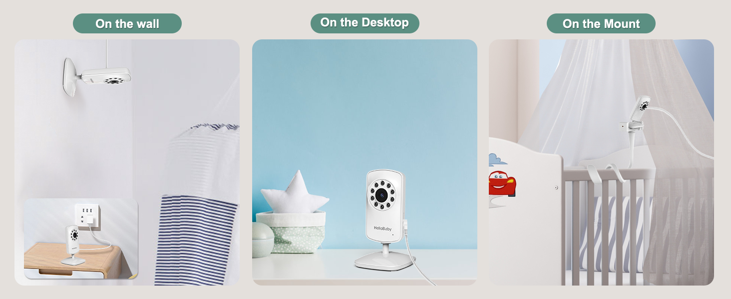 Three-panel product showcase displaying white electronic devices in different settings: spot, desktop, and mount installations.