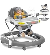 Baby walker with white tray, blue base, and gray seat. Features interactive toys, music notes, and wheels. Side images show foldable design and height adjustment.