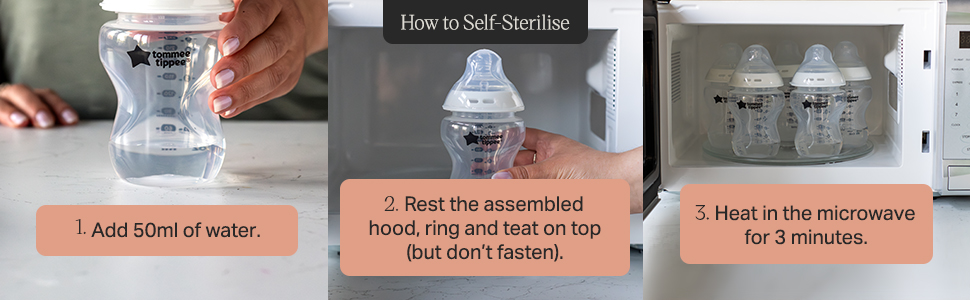 Text reads 'Our most breast-like bottle, ever' and 'Anti-colic valve draws air away from baby's tummy'. Product demonstration of baby bottle features.