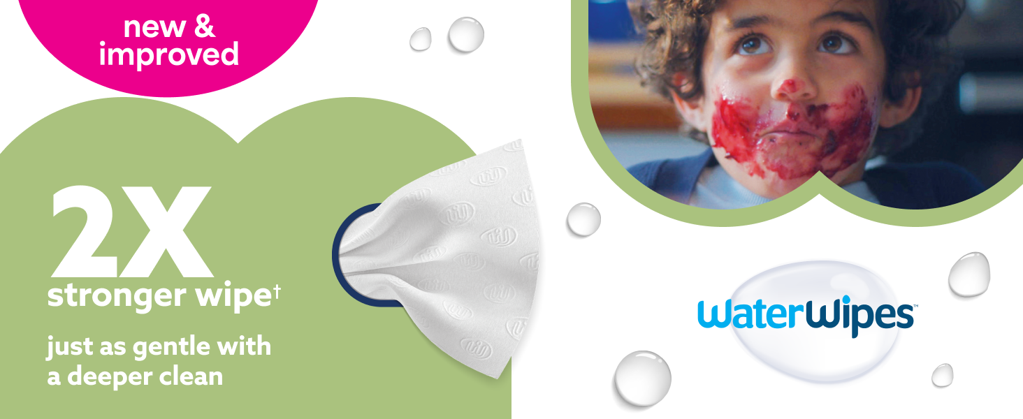 Text reads 'new & improved', '2X', 'Stronger wipe just got better with double thickness'. WaterWipes product promotional images showing product packaging and features.