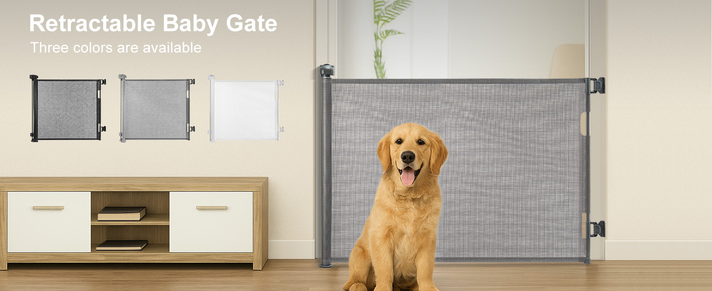 Retractable baby gate shown in gray mesh material, with a golden retriever puppy sitting in front. Three color swatches displayed: two gray, one white. Product title visible.