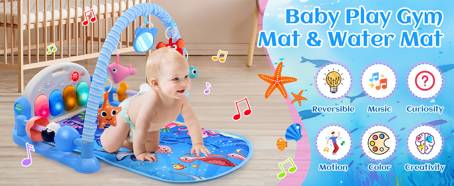 Text reads 'Baby Play Gym' on product banner. Activity mat for infants featuring colorful design, multiple sensory toys, and developmental activities. Blue circular mat with hanging toys and mirror.