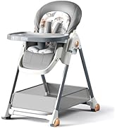 Convertible baby high chair and swing combo in light gray, featuring padded seat, adjustable tray, and foldable frame with safety harness.