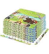 Stack of colorful foam play mats with interlocking edges. Top mat features cartoon unicorn design with rainbow and clouds. Includes matching border pieces.