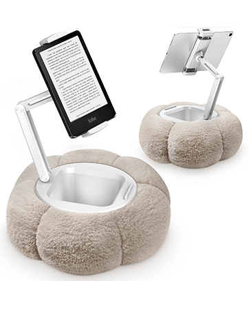 Adjustable tablet mount with clamp for attaching to poles or stands. Features articulating arm, 360-degree rotation, and padded grip for secure hold of various tablet sizes.
