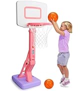 Blue portable basketball hoop system shown in multiple views with basketball. Includes adjustable height mechanism and demonstration of use.