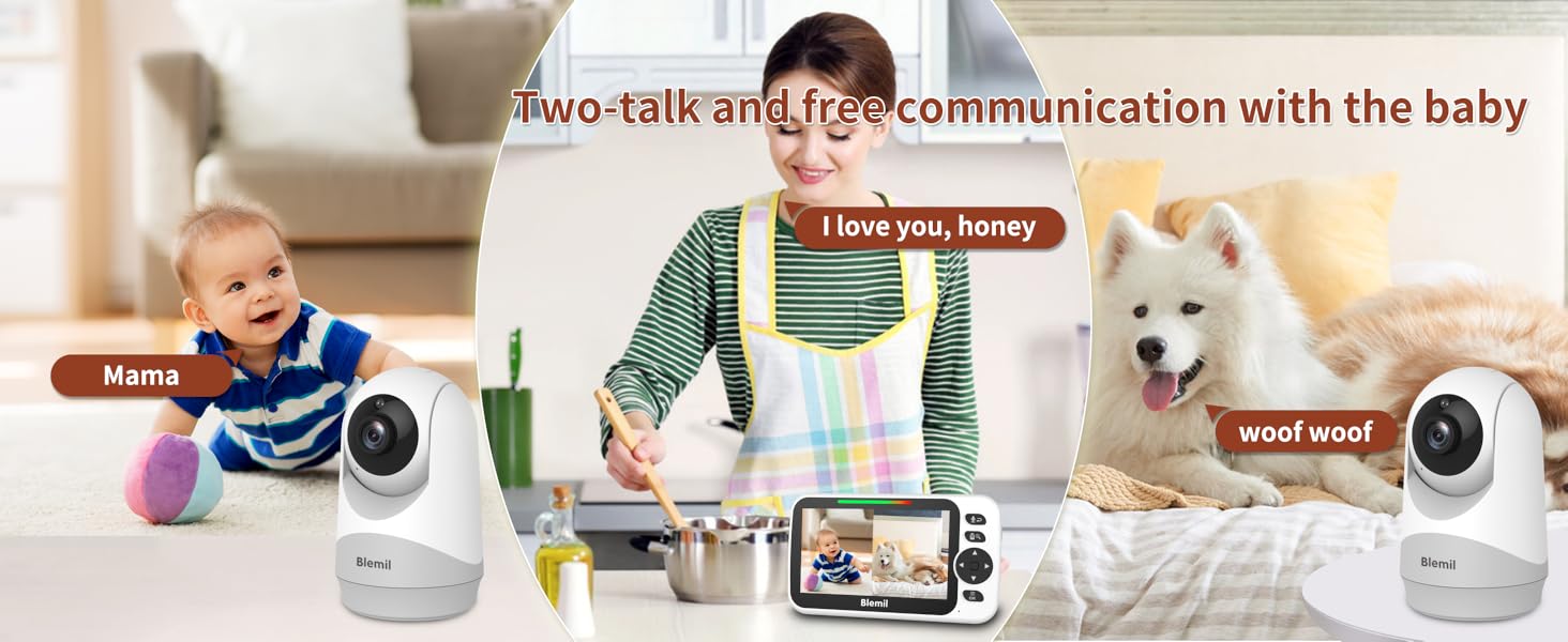 Smart home monitoring system with multiple cameras. Shows a living room scene with a baby, adult, and dog, demonstrating two-way communication and monitoring capabilities.