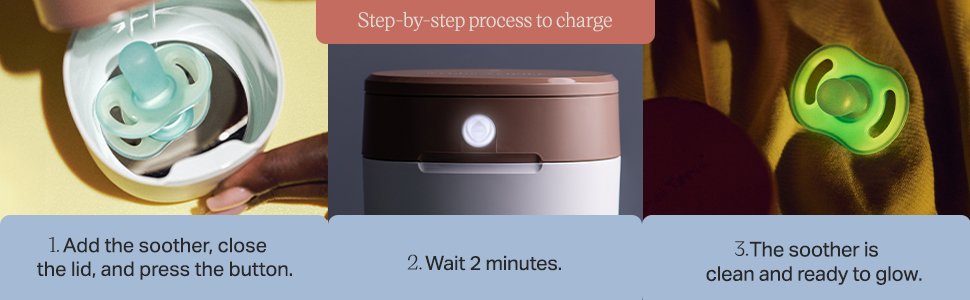 Text reads '2-minute charge all-night glow', 'Lighweight glow in the dark soother included'. Product images showing illuminated baby soother or pacifier.