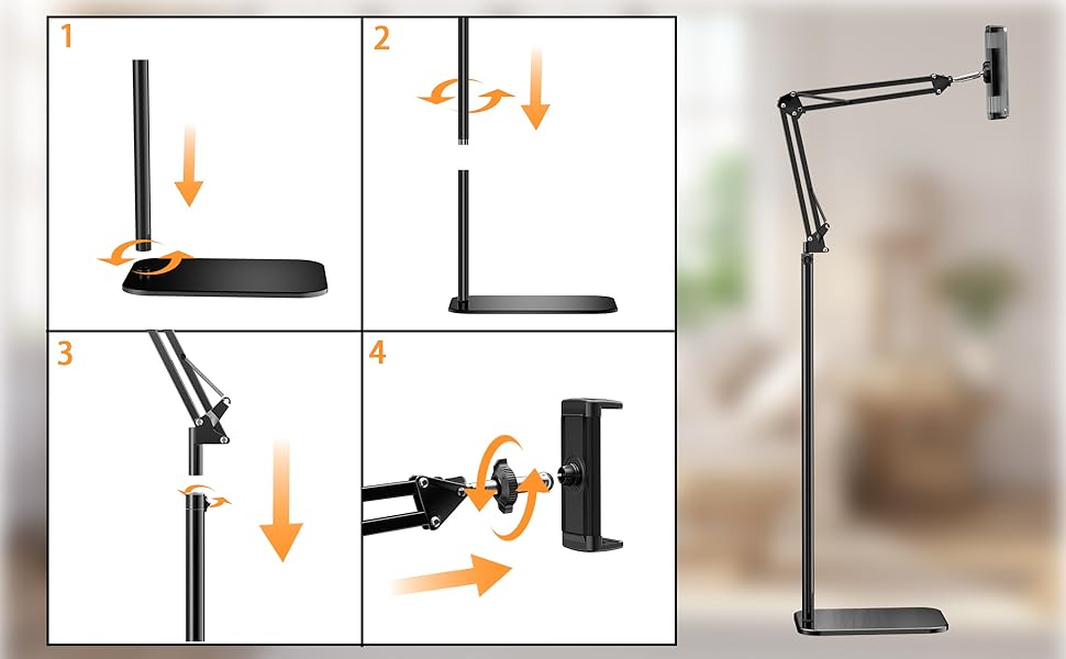 Instruction diagram showing correct and incorrect mounting positions for an adjustable arm mount, with front, back, and side views indicating proper base alignment.