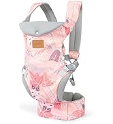 Baby carrier with pink and red heart pattern design on white background, shown from different angles.