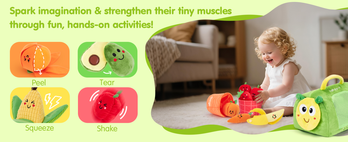 Text reads 'Spark imagination & strengthen their tiny muscles through fun, hands-on activities'. Educational toy display featuring colorful fruit-shaped objects.