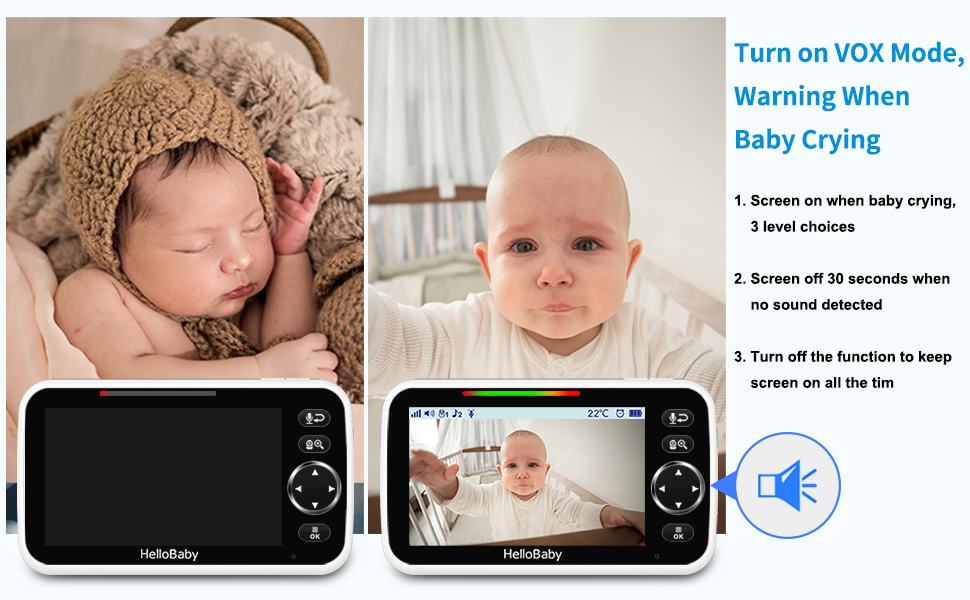 Baby monitor system with two units showing infant images. Features VOX mode, warning for baby crying, and screen-on options.