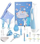 Baby grooming kit with owl-shaped nail clippers, brush, comb, thermometer, scissors, nasal aspirator, and various grooming tools in a mesh storage bag.