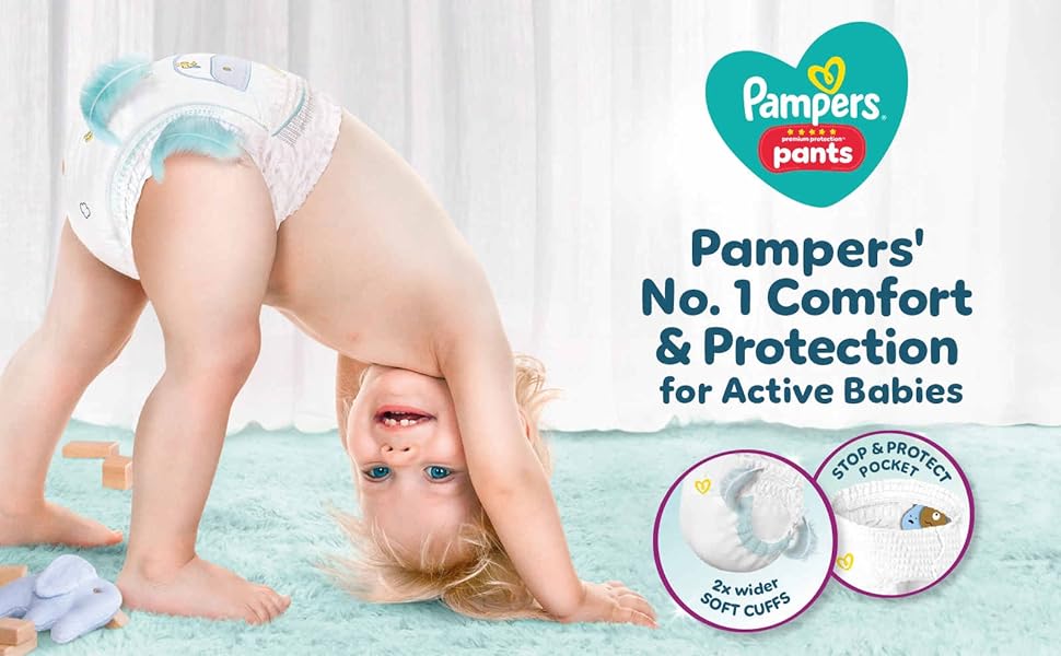 Pampers brand diaper product advertisement showing comfort and protection features. Includes circular badges highlighting product benefits.
