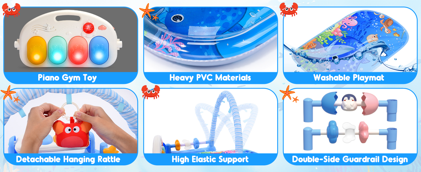 Text reads '9 in 1 Baby Play Gym'. Ocean-themed baby activity mat showing multiple features and toys in blue and pink design scheme.