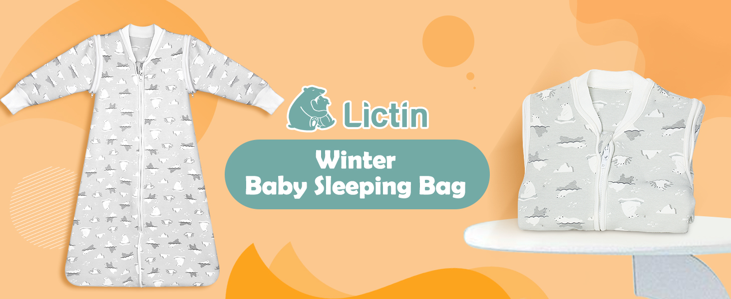 Lictin winter baby sleeping bag and vest set in white fabric with printed pattern, displayed against orange background.