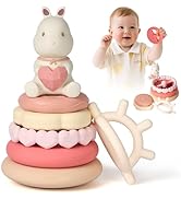 Series of silicone teething toys in pastel colors like beige, mint green, and peach. Ring-shaped designs with textured surfaces and various connecting elements for baby interaction.