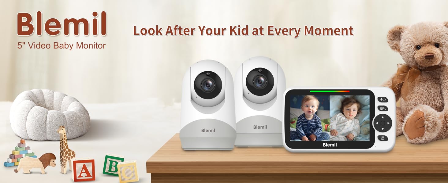 Baby monitor system with two cameras and a portable screen, displayed with baby toys. Text reads 'Blemil: Look After Your Kid at Every Moment'.