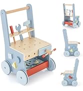 GYMAX Wooden Baby Walker, 7-in-1 Toddler First Step Activity Interactive Push Along Toy with Hand...