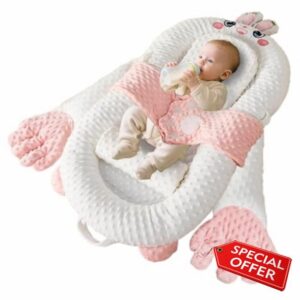 Portable Baby Lounger Soft Comfortable Reversible Infant Lounger Pillow with Comforting Hands Foldable Removable Bunny Snuggle Nest for Newbo