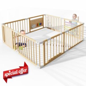 Baby Playpen 160x160x61cm Wood Playpen Foldable Baby Fence fold Away Play Pen with Musical Toys and Door Portable Easy Assembly Playpens for Babys & Toddlers