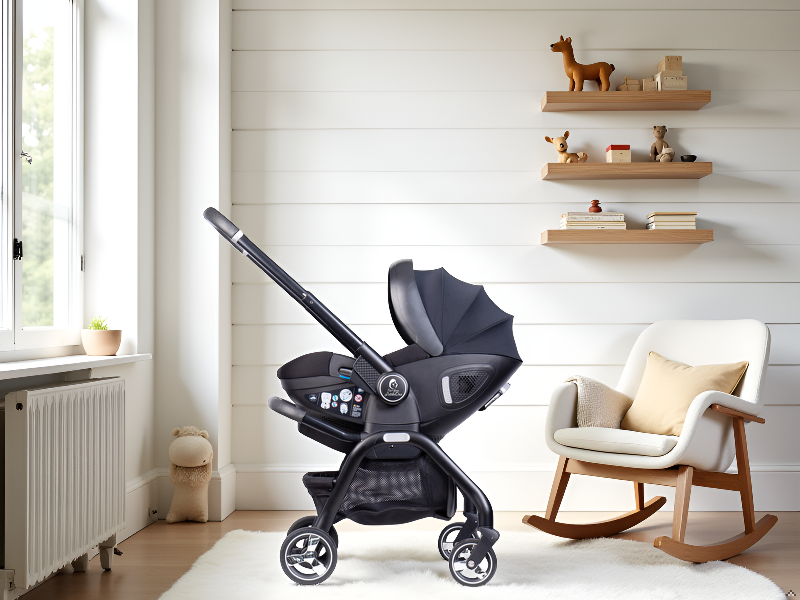 Baby stroller displayed in modern home interior setting with wooden furniture. Multiple views show stroller's functionality and design from different angles.