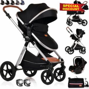 Baby Pram Pushchair Buggy Stroller 3 in 1 with Car Seat Child Lightweight Folding Stroller 3 in 1 Travel System Pram for Newborns Toddlers from Birth New 2026 Style FREEBIES (BBC - Black Silver