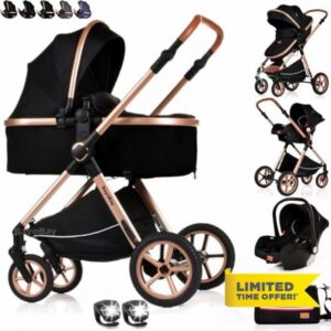 Baby Buggy Pram Pushchair Stroller 3 in 1 with Car Seat Carrycot Child Lightweight Folding Stroller Travel System Pram for Newborns & Toddlers from Birth (BBA - Black Gold