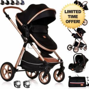 Baby Pram Pushchair Buggy Stroller 3 in 1 with Car Seat Child Lightweight Folding Stroller 3 in 1 Travel System Pram for Newborns Toddlers from Birth New 2026 Style FREEBIES (BBC - Black Gold